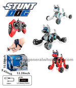 A collection of images showcasing a red and black electronic toy hand sensor remote-controlled stunt robot dog. The images include the toy dog in its packaging, a hand wearing the dog's collar, and the toy dog with its battery pack.