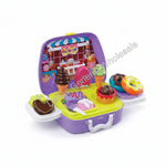 A children's play kitchen set featuring a purple toy ice cream truck case with a green tray inside, filled with colorful toy desserts including ice cream cones, donuts, cupcakes, and a heart-shaped cookie, shown on a white background.