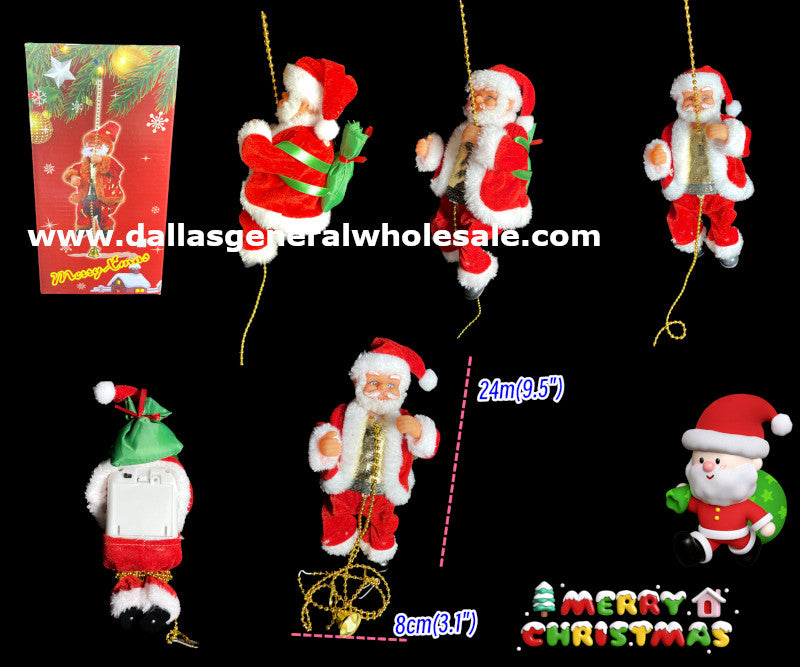 A set of four novelty toy figures featuring Santa Claus in different poses and colors, with a red and white design, hanging from a rope. Each figure is adorned with a Christmas-themed accessory, such as a reindeer, a Christmas tree, and a set of lights.