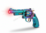 A metallic rainbow iridescent revolver-style toy or prop gun with a glowing red light from the barrel, shown on a white background with a faint Dallas General Wholesale watermark.