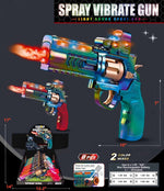 A promotional product graphic for a toy spray vibrate gun set. The main subject is a large colorful toy revolver-style spray gun shown twice, one with a red spray effect and one in red, on a dark background with dimensions, text reading 'SPRAY VIBRATE GUN,' 