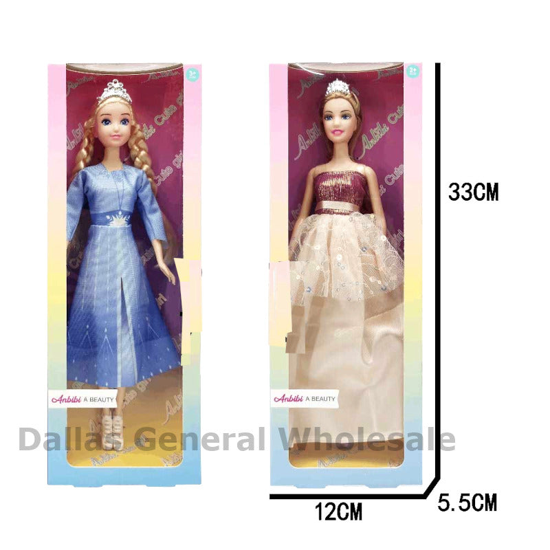 Two dolls in packaging with measurements on a white background