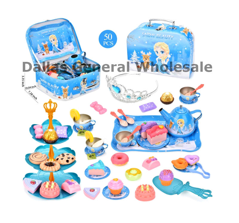 Toy tea set with accessories in a blue case, featuring characters from Frozen, with 'Dallas General Wholesale' branding.