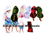 Children wearing colorful dinosaur costumes with Dallas General Wholesale text.