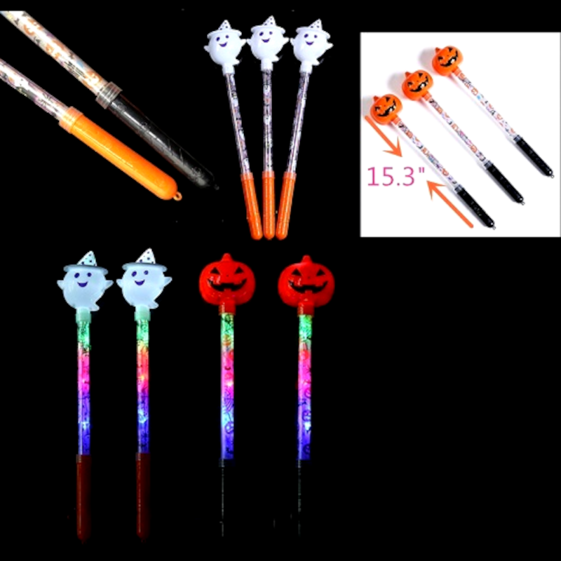 Halloween-themed pens with ghost, pumpkin, and rainbow designs on a black background.