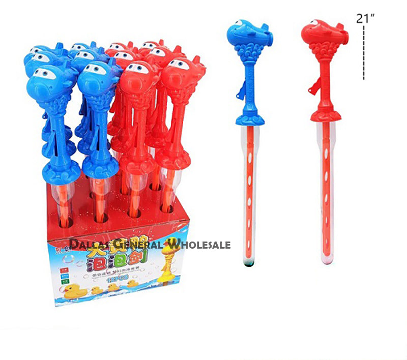 Red and blue bubble wands with packaging labeled 'Dallas General Wholesale' on a white background.
