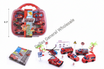Toy fire truck playset in a clear red carrying case, shown with multiple small red emergency vehicles, a helicopter, palm trees, road signs, and a map sheet on a white background. A vertical dimension marker reads 8.
