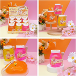 Four-panel product collage showing a honey pot set with jars of orange, pink, and yellow honey, a display box, a honey dipper, and a translucent orange honey blob on a pink and orange styled background with flowers and vases.