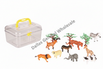 A set of animal toy figurines including a zebra, lion, elephant, giraffe, tiger, deer, sheep, and cow, displayed next to a clear plastic storage box with a yellow handle on a white background.