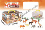 Animal World toy set in its clear plastic carrying box with a yellow handle, shown alongside the included animal figurines and trees on a white background with orange graphic text and dimension lines.