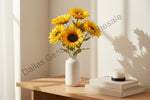 Sunflower decorations with measurements and packaging details on a white background