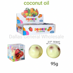 A product listing graphic for ASMS squeeze soft stretchy coconut oil. The image shows a box of the product, two round stretchy discs, a small clear packaging box, and text indicating 12 boxes, 144 pieces, 1531-29TDFSL/144PCS, and 95g.