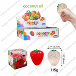 Coconut oil stretchy squishy toy shown with its retail packaging, a hand squeezing a translucent coconut-textured toy, and dimension labels. The image includes text reading 'coconut oil' and repeated Dallas General Wholesale watermarks.