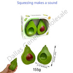 Avocado-shaped toy kitchen utensils shown with packaging, dimensions, weight, and a hand holding one piece. Text reads 'Squeezing makes a sound' and includes quantity and SKU text at the top.