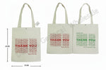 Beige tote bags with 'THANK YOU' text, dimensions, and pricing information displayed.
