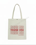 Beige tote bags with 'THANK YOU' text, dimensions, and pricing information displayed.