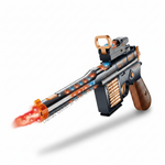 A toy or prop submachine gun styled with a black body, copper-colored metallic accents, a brown wooden grip, and glowing orange and blue LED light details, shown on a white background with a motion-blur effect at the muzzle.