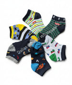 Set of colorful children's socks with various patterns on a white background.
