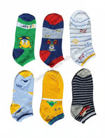 Set of six colorful children's socks with various designs on a white background