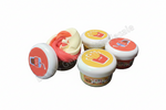 Four small round plastic toy containers with lids, arranged on a plain white background. The lids feature fast-food themed graphics including a hamburger, french fries, a drink, and a phone, while one container is open to reveal a red and cream spiral-shaped contents.