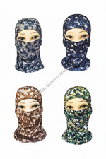Four digital camouflage balaclavas shown on mannequin heads against a white background, featuring blue-gray, navy, brown, and green camo patterns.