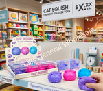 Cat squeaky toys set shown with a retail display box, a single packaged toy, and four loose toys in blue, purple, and pink on a white background. Text at the top reads 'Squeezing makes a sound' and includes quantity/weight details.