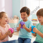 Cat squeaky toys set shown with a retail display box, a single packaged toy, and four loose toys in blue, purple, and pink on a white background. Text at the top reads 'Squeezing makes a sound' and includes quantity/weight details.