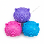 Cat squeaky toys set shown with a retail display box, a single packaged toy, and four loose toys in blue, purple, and pink on a white background. Text at the top reads 'Squeezing makes a sound' and includes quantity/weight details.