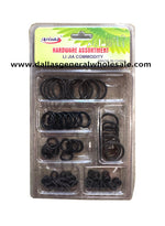 A display box containing various size black o-rings, organized in a clear plastic case with a green and yellow label at the top.