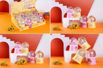 A collage showing a pink and yellow gummy candy display box filled with round gummy balls, plus several assembled gummy candy stands and a plate of gummies.