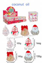 A product listing graphic showing multiple small novelty candle products and packaging on a white background, with text indicating 12/10/12 count, 1644-40SDZHFSL/120PCS, and coconut oil. The candles are shaped like Christmas trees, snowmen, and Santa Claus figures in clear, white, and glittery finishes, with dimensions and weights listed beside each item.