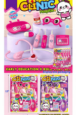 A toy doctor role-play set for children, featuring pink and purple medical instruments, glasses, a stethoscope, and accessories, shown with retail packaging and promotional text.