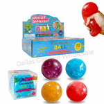 Needz Squeezz Coconut Oil Ball Slushie Squishy toy set, featuring a blue 12-pack box, a small individual box, four colorful squishy balls (purple, blue, orange, red), and a hand squeezing a red ball. Text overlays specify 12 boxes, 10 boxes, and 120 pieces.