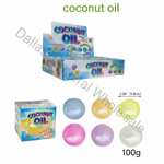 Coconut oil bubble gum packaging and sample bubbles on a white background, with text showing 12 boxes, 144 pieces, and 100g.