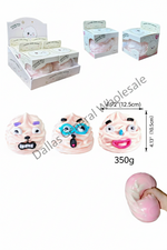 Squishy face toy set in retail display boxes, with three example face designs shown below and a hand squeezing a pink squishy on the bottom right.
