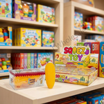 A Squeezy Toy corn-shaped squeeze bottle and its packaging box displayed on a store shelf, with other colorful toy boxes blurred in the background.