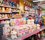 Mushroom Squishy plush toys and their retail boxes displayed on a toy store shelf, with a large Dallas General Wholesale watermark overlay.