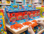 A person wearing white gloves holds an orange squishy crab toy from the Ocean Squishy Set on a toy store shelf, with multiple retail packages of the same product displayed behind it.