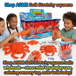 Ocean Squishy Squeezing Crabs toy set shown in retail packaging with product dimensions and weight annotations on a white background.