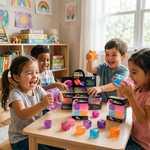 Four children laughing and playing with colorful cube-shaped toy blocks on a small table in a bright children's room. The products are displayed in their retail packaging, with some loose cubes scattered on the tabletop.