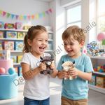 Two young children, a girl in a white t-shirt and a boy in a light blue t-shirt, are smiling and laughing in a brightly lit toy store while holding plush toy animals. A small inset image in the upper right shows a toy box display with multiple similar plush toys.