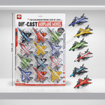 Pack of 12 die-cast airplane models in a blister pack, shown next to six loose jet models in different colors on a light gray background. The package reads 'DIE-CAST AIRPLANE MODEL' and shows various fighter jets.