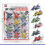 A packaged set of 18 die-cast airplane models shown on a retail card, with several individual jet models displayed beside it. The image includes text showing dimensions, weight, and product code, but it is still primarily a product listing image rather than a pure measurement chart because the actual product is clearly shown and sold.