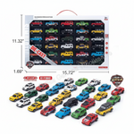A boxed set of small die-cast toy cars with many vehicles in different colors arranged in front of the package on a white background. The package shows a grid of miniature cars and includes a diagonal 'DIE-CAST' banner.