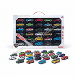 A boxed set of small die-cast toy cars arranged in front of the package on a white background. The packaging shows a grid of many colorful cars, and the loose cars in front match the set.