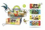 Handheld dinosaur-themed game toy set shown with its illustrated box, a dinosaur mascot, and three example handheld game screens featuring dinosaur illustrations. The packaging and graphics indicate a dinosaur theme and 12 playable characters.