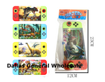 Colorful handheld gaming devices with dinosaur graphics and packaging, labeled 'Dallas General Wholesale'.