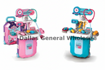 Two toy hospital play kitchens shown on a white background, one in pink and purple and one in teal and purple, both with stethoscopes, trays, and medical-themed accessories. A large 'Dallas General Wholesale' watermark is across the center.