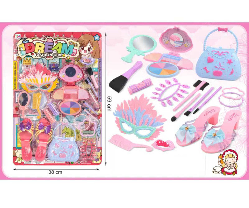 Toy makeup set with accessories on a pink background