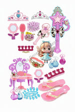 Toy packaging with a doll and accessories on a pink background